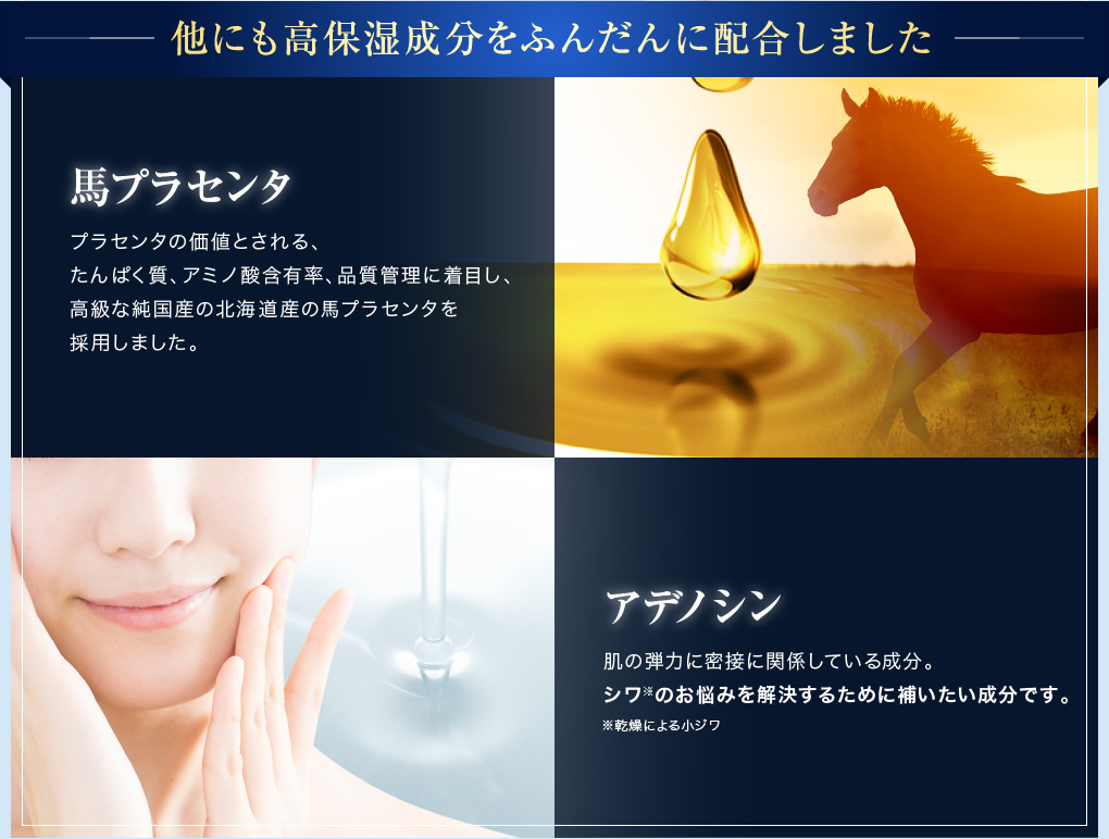 ほかにも高保水成分をふんだんに配合「馬プラセンタ」「アデノシン」